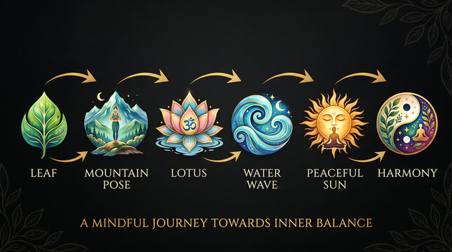 Mindful journey infographic chart featuring spiritual symbols for inner balance and meditation practices on a dark background with elegant golden arrows