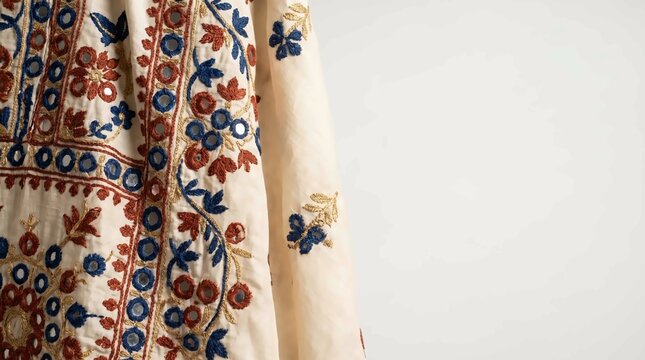 Intricate hand embroidered fabric features vibrant floral patterns with reflective mirror work details on light textile