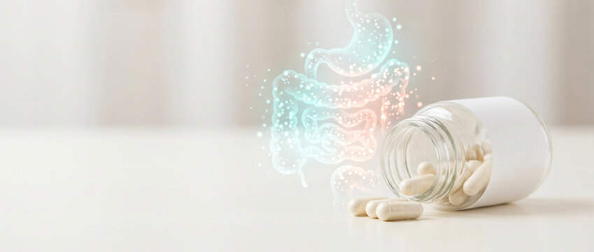 Probiotic supplement concept with gut microbiome background
