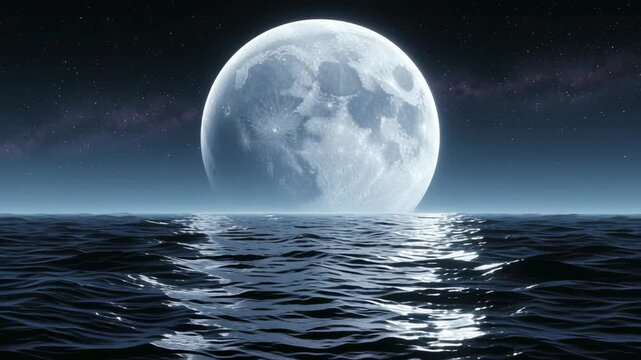 Full moon rising over dark ocean water at night. Lunar reflection on sea surface. Cinematic celestial event for nature theme and astronomy science background view.