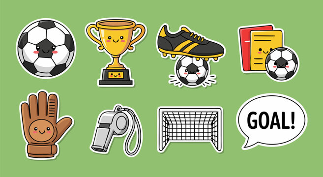 Cute soccer elements vector illustration with trophy, ball, whistle, and goal, perfect for sports and celebration designs