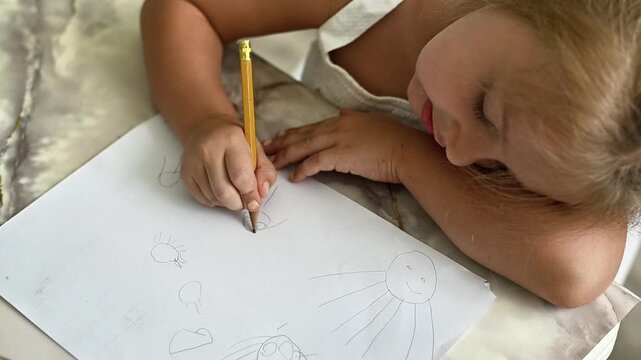 Child drawing basic shapes with pencil on white sheet of paper. peaceful moment highlights joy of learning through art, fostering creativity and motor skills in calm home setting.