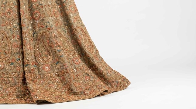 Exquisite lehenga skirt featuring intricate golden embroidery floral patterns and traditional paisley designs for wedding fashion