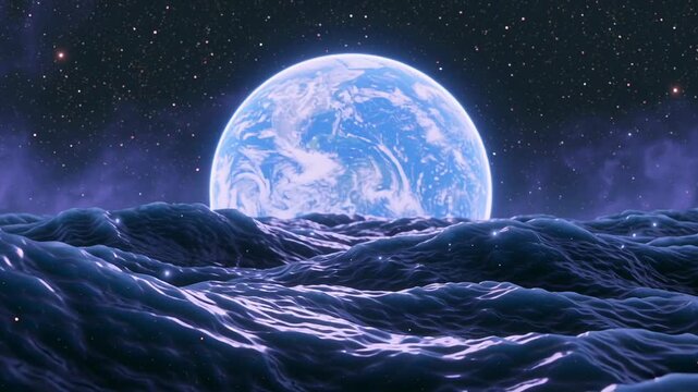 Large planet floating above dark ocean waves at night. Glowing celestial body over liquid surface with starry sky. Cosmic landscape for science fiction concept.