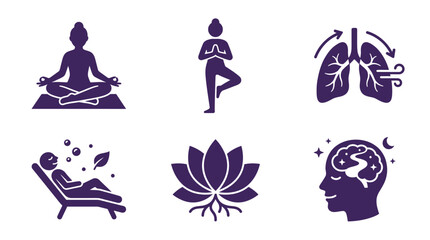 Obraz premium Collection of purple wellness icons depicting meditation, breathing, and relaxation practices