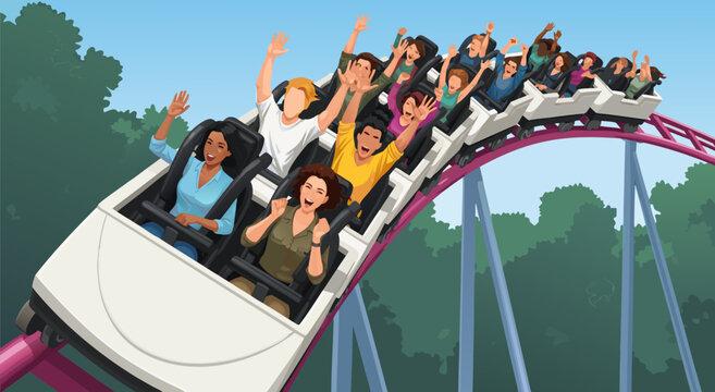 Excited people enjoying a thrilling roller coaster ride in an amusement park, vector illustration