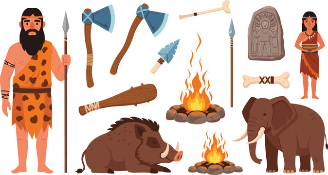 Stone Age Caveman Cartoon Vector Illustration Set with Primitive Hunting Weapons Campfire Mammoth Boar and Ancient Tribe Characters for History Projects