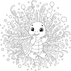 Fototapeta premium Cute Cartoon Turtle Celebrating with Party Blower and Confetti, Black and White Line Art Illustration for Kids Coloring Book, Festive Fantasy Animal Outline Drawing 