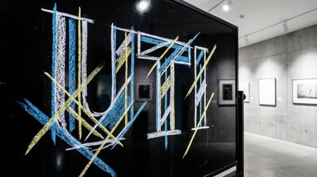 Hand drawn chalk typography on blackboard in art gallery