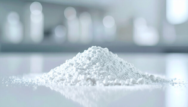 Fine white powder on a clean surface, hydrolyzed collagen, soft sterile lighting, blurred laboratory backdrop, modern scientific-ingredient concept