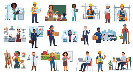 Fototapeta premium Workers and characters show work diversity through professional jobs, careers, skills, trades, occupations for education, business, success illustration.