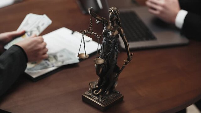 Close up of cash, paperwork and Themis statue on desk, legal corruption, bribery, fraud investigation and business crime concept, highlighting bribery, corruption, financial misconduct.