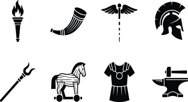 Ancient Greek and Roman Mythology Icon Set Featuring Spartan Helmet Trojan Horse Torch Caduceus and Gladiator Armor Elements