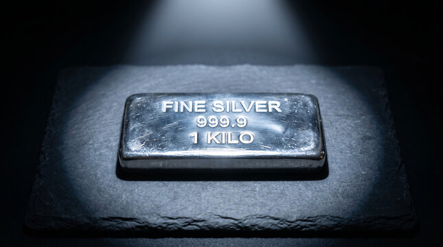 1 Kilo Fine Silver Bar 999.9 on Slate Plate, Precious Metal Investment in the Silver Market
