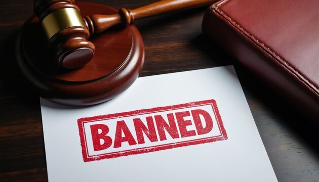 Gavel and book rest on table near paper with red stamp BANNED. Legal decision symbol, prohibition, forbidden action, no entry. Court ruling, justice system, law and order.