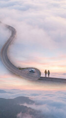 Fototapeta premium Pastel mountain road overlook with stopped car and travelers