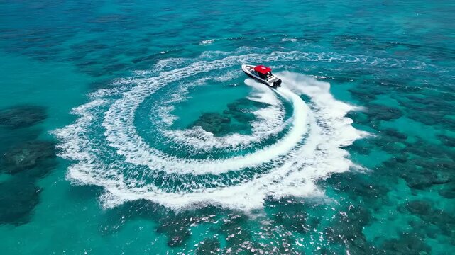 Aerial view of a speedboat making a sharp turn in clear turquoise water.