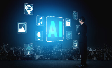 Obraz premium Businessman Observing AI Technology Icons with Cityscape Background in Modern Digital Concept for Innovation and Future Development Quark.