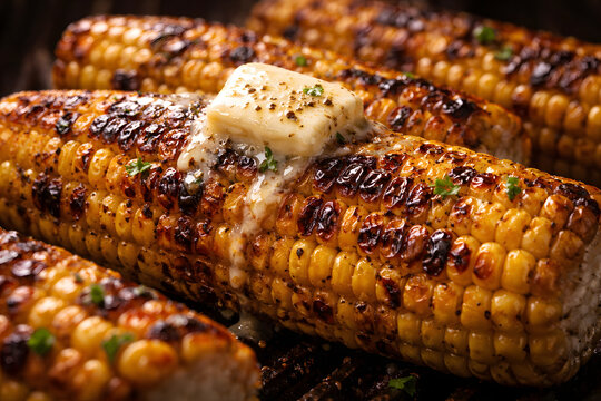 Close-up of delicious grilled corn on the cob, charred to perfection and topped with a melting pat of butter and fresh herbs on a rustic grill grate.
