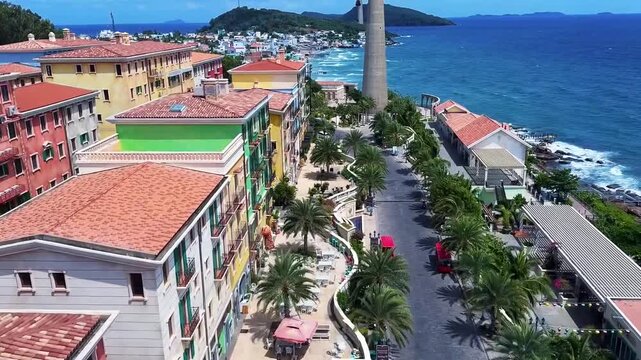 Cable‑Car View of Colorful Mediterranean‑Style Coastal Town Phu Quoc Vietnam