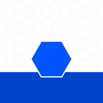 Minimalist blue hexagon shape protruding from a solid base against a light gray grid illustration
