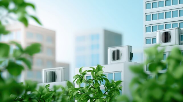 Modern buildings with air conditioning units, surrounded by green foliage, illustrating urban living with an emphasis on environmental integration.