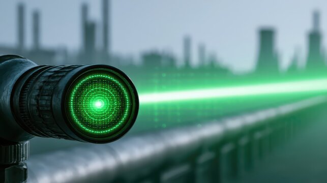 Green laser beam emitting from a cylindrical device aimed across an industrial pipeline with a blurred factory background.