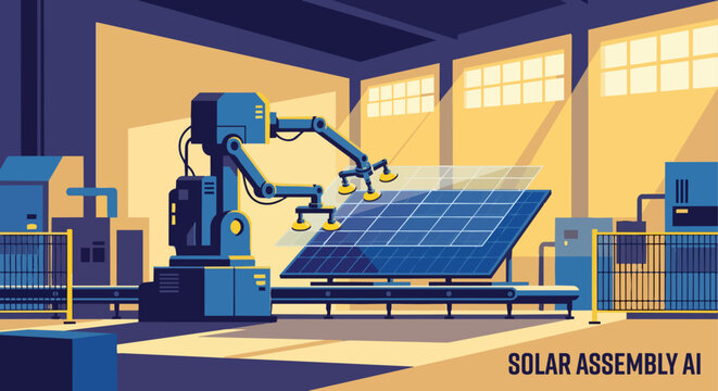 A heavy-duty industrial AI robot utilizing suction-cupped limbs to perfectly align and place grid patterns onto a massive solar panel on a factory line. 