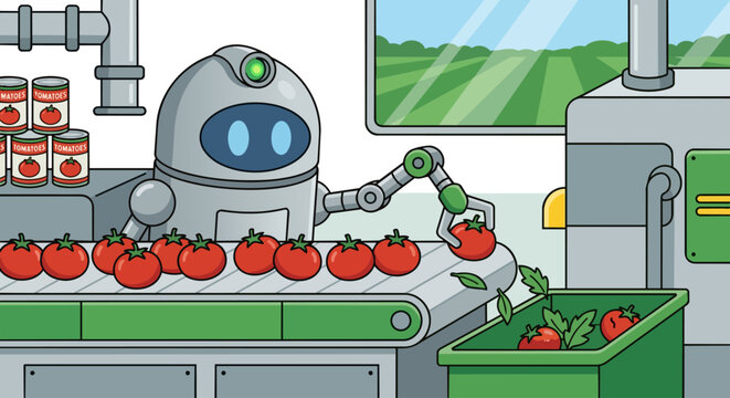 A friendly, rounded AI robot with food-safe stainless steel plating, utilizing an optical sorting sensor to separate fresh red tomatoes on a fast conveyor belt in a modern canning factory. 