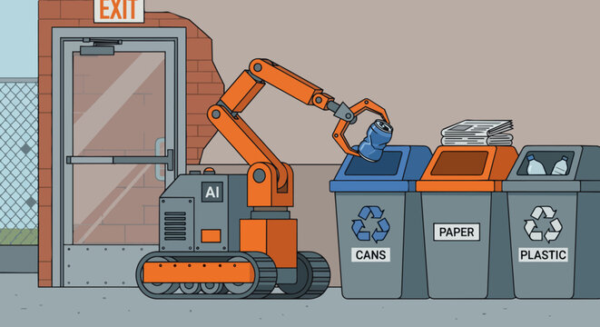 A sturdy AI robot with an articulated arm, precisely sorting various waste items (bottles, cans, paper) into a multi-compartment recycling bin near a back door. 