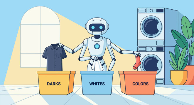 A friendly AI robot with multiple slender arms, sorting clothes into different bins (darks, whites, colors) within a minimalist, sunny laundry room. 
