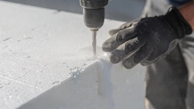 Close up of worker drilling into white foam insulation board wearing protective gloves on construction site