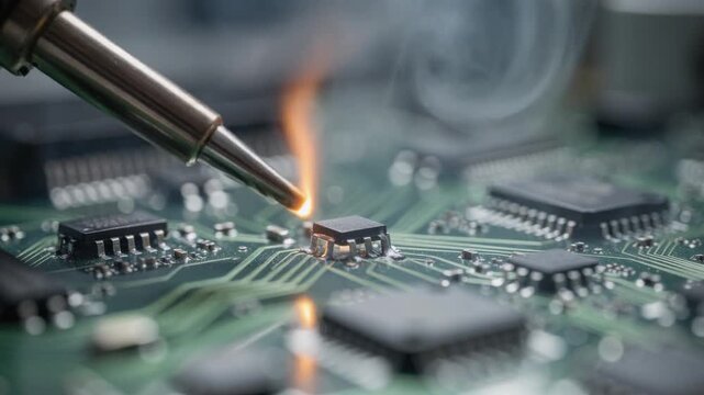 Close up of electronic circuit board with soldering iron repairing microchip and smoke