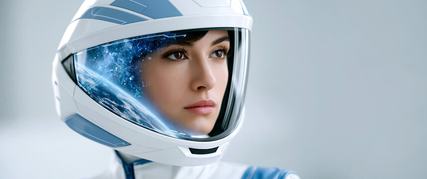 Young woman in futuristic helmet with space reflection visor representing advanced technology, artificial intelligence and cosmic exploration