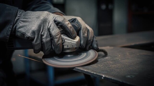 Close up of worker grinding metal with sparks flying in industrial workshop environment