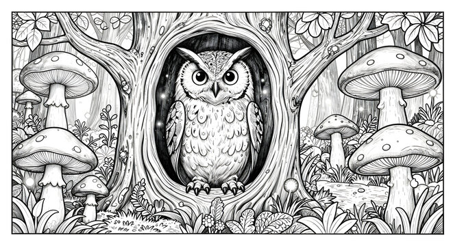 An owl in a tree with mushrooms and mushrooms coloring pictures