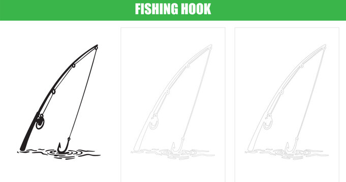 Simple line art fishing hook and rod graphic for nautical and outdoor activities.