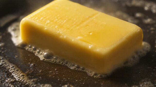 Close up of melting butter in hot pan cooking food with bubbling golden texture
