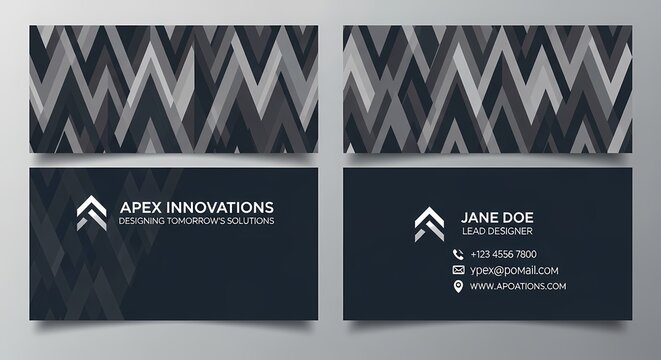 Corporate business card mockup featuring a dark monochromatic chevron pattern on a neutral surface with sharp focus for branding identity marketing