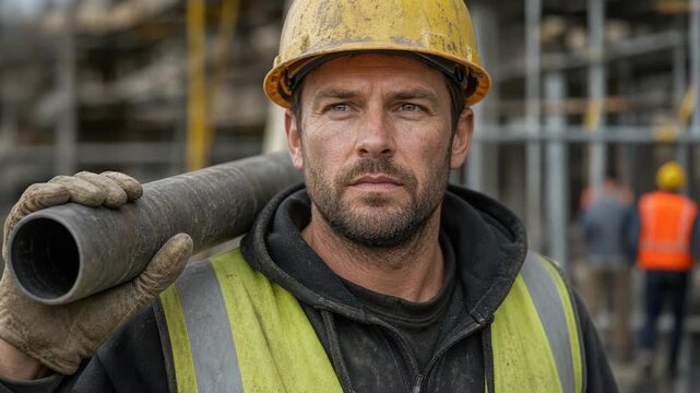 Construction worker carrying pipe wearing safety helmet and reflective vest at building site