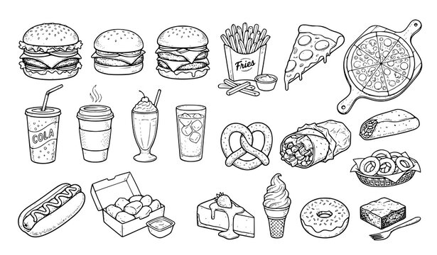 Fast food sketch menu illustration vector isolated on white