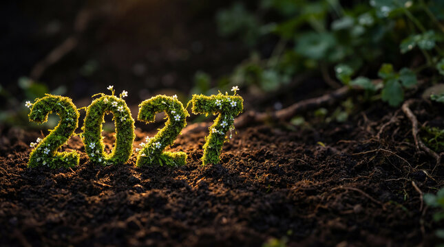 Moss covered 2027 digits rise from dark soil with tiny white flowers for sustainability growth eco future nature renewal spring gardening climate hope concept with copy space for seasonal marketing