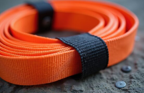 Orange nylon lashing strap coiled with black securing band. Strong cargo tie down fastening element for load safety. Reliable transport tool for securing goods on trailer.