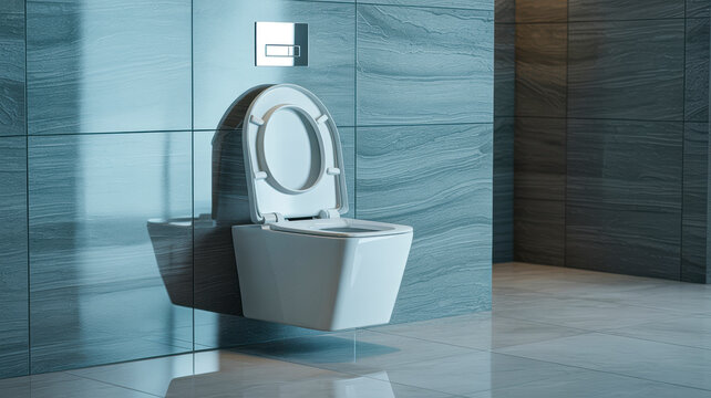 Toilet bowl installed in a modern luxury bathroom with gray stone tiles and wall mounted chrome flush button fixture unit