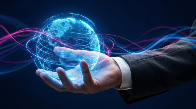 Hand holding a glowing digital sphere with energy waves, aura effect