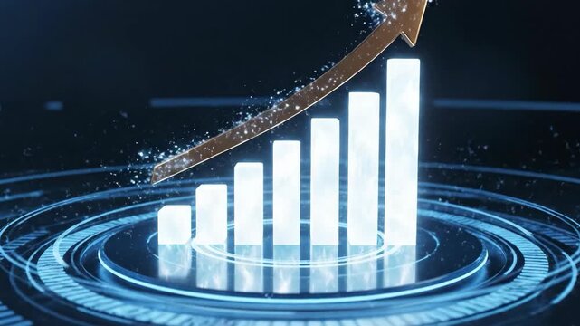A digital 3D bar chart with a rising golden arrow, symbolizing growth and success, set against a dark, glowing high-tech HUD interface.Futuristic 3D Motion Graphic
