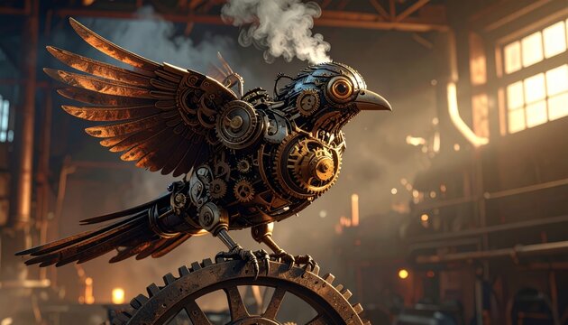 Intricate Steampunk Mechanical Bird Perched on a Giant Gear