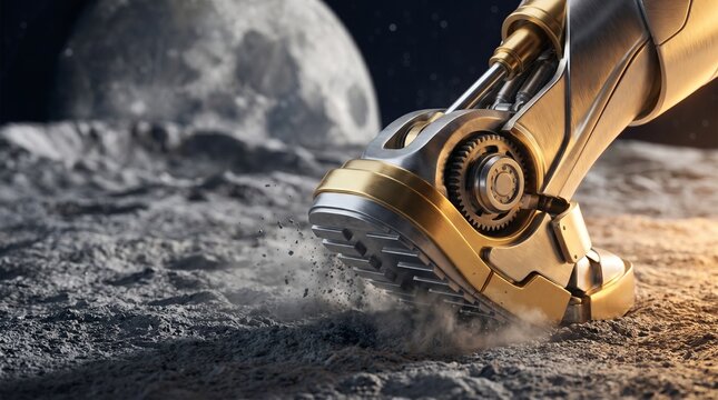 Robotic boot stepping on lunar surface for International Moon Day concept, close up 3D rendering of cyborg metal foot walking on dusty moon ground with planet in starry space background
