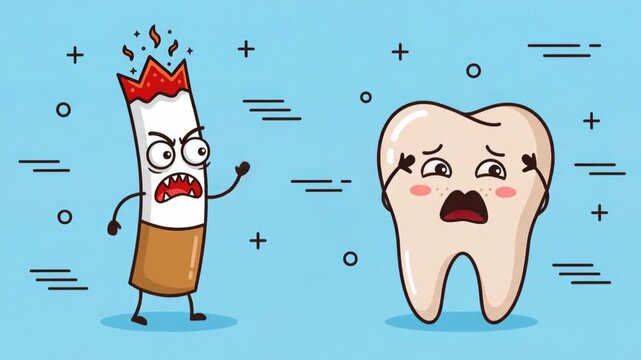 An angry smoking cigarette character shouting and arguing with a scared trembling white tooth cartoon character, smoking danger for dental health concept, oral hygiene hazard.