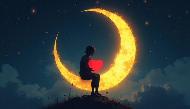 Person sits on glowing crescent moon holding red heart. Silhouette against starry night sky. Symbolizes self love inner peace loneliness. Dreamy surreal concept.